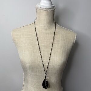 Long black chain necklaces with black and white marble teardrop shaped pendant